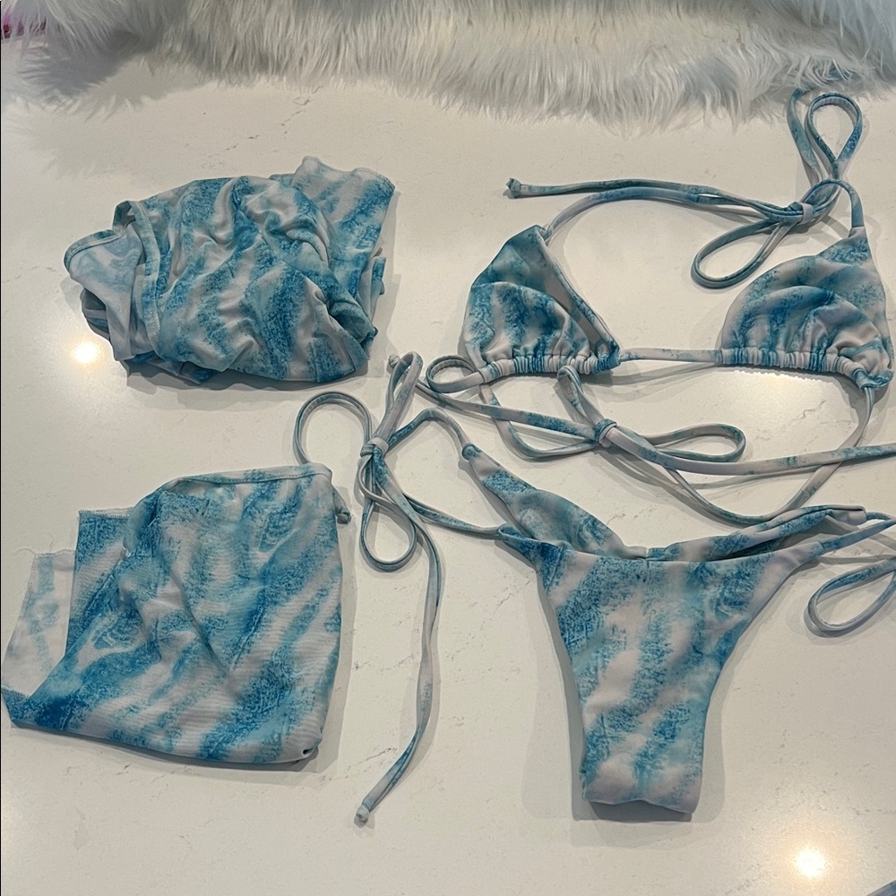 EUC Cheeky Bikini Set with Matching 2 Piece Cover Up Blue and White Tie-Dye - S